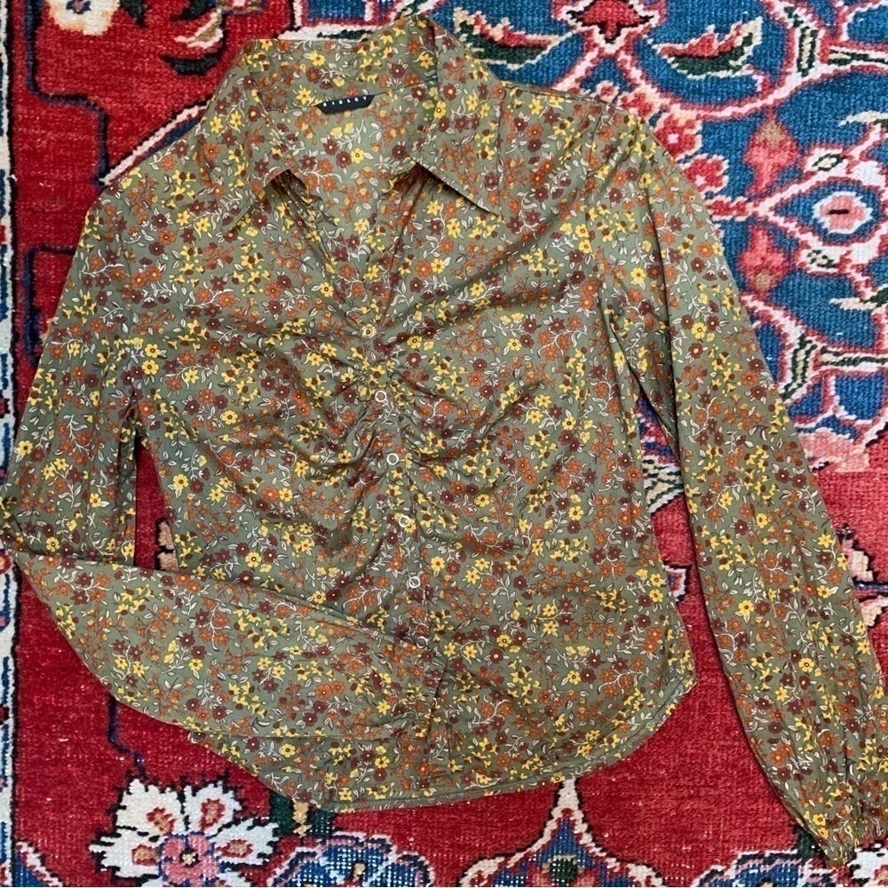 Vintage Sisley Autumn Floral Print Button-Up Shirt
